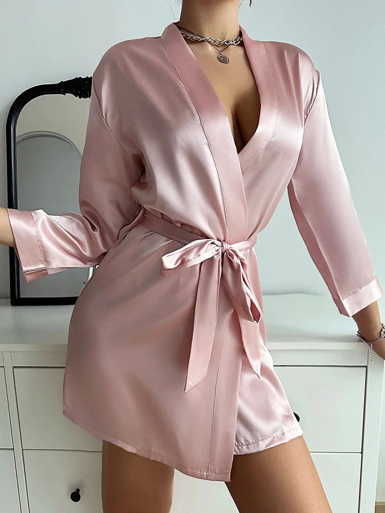 Womens V-Neck Sexy Silk Robe With Belt Short Satin Kimono Robe Sleepwear - Shop & Buy