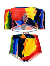 Load image into Gallery viewer, Plus Size Casual Swimsuit Set Women&#39;s Plus Colorful Painting Print Off Shoulder Criss Cross Top &amp; Panty Swimsuit Two Piece
