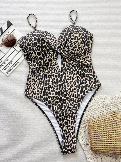 Women's Leopard Print One Piece Swimsui High Waist Hollow Out Monokini Bikini V-neck Suspender - Shop & Buy