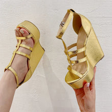 Load image into Gallery viewer, Summer Golden Open Toe Narrow Band Platform Wedges Woman Sandals Fashion Hollow Out Thick Bottom High Heels Shoes
