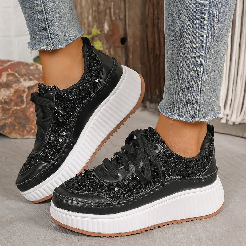 Fashion Glitter Platform Sneakers for Women Spring Lace Up Pink Sports Shoes Woman Plus Size Thick Bottom Walking Shoes