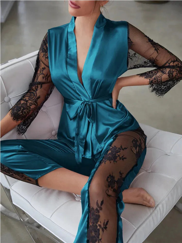 Women's Satin Pajamas Set Gorgeous Sleeve Top with Pant Contrast Lace Lounge Wear - Shop & Buy