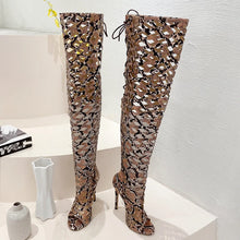 Load image into Gallery viewer, Serpentine Peep Toe Hollow Out Over The Knee Boots Woman Sexy Lace-up Nightclub Party Thin High Heels Shoes
