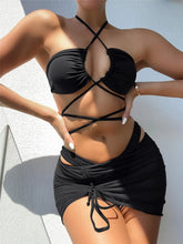 Load image into Gallery viewer, Sexy Black 3 Piece Bikinis Sets with Cover Up Skirt Swimsuit Criss Cross Push Up Biquini Bathing Suit
