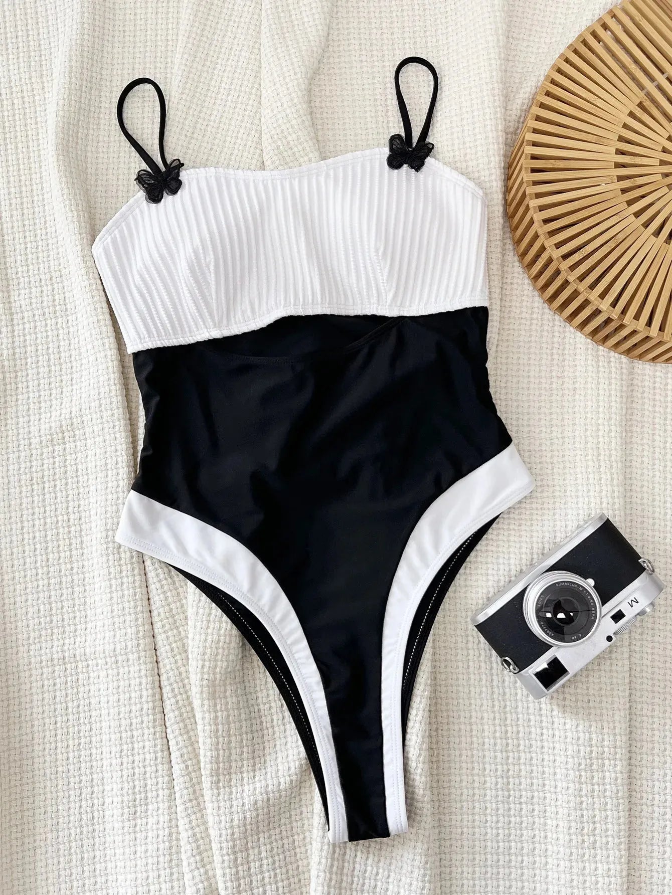 Women's Black White Patchwork One Piece Swimsuit High Waist Hollow Out Contrast Bikini - Shop & Buy