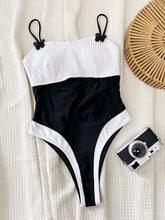 Load image into Gallery viewer, Women&#39;s Black White Patchwork One Piece Swimsuit High Waist Hollow Out Contrast Bikini
