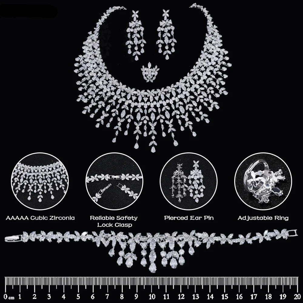 CZ Luxury Jewelry for Women Bridal Jewelry Set for Wedding Anniversary Silver Necklace and Earring Bracelets Rings Sets