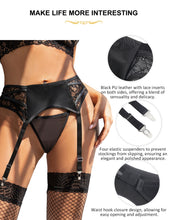 Load image into Gallery viewer, Women Black Sexy Garter Belt Lace Faux Leather Suspenders Buckle Design 4 Elastic Straps Metal Clips Fashion Plus Size Lingeries
