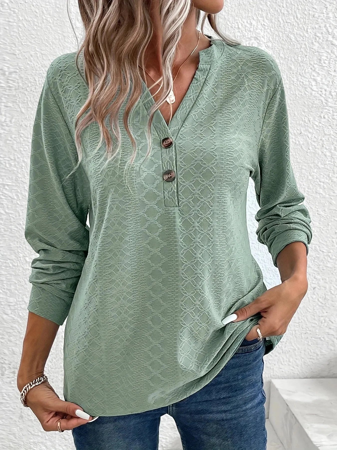 Women's Fashion Texture Solid Color Button V-neck Long sleeved Top - Shop & Buy