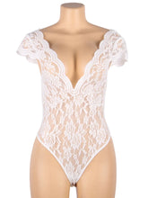 Load image into Gallery viewer, Women Oversized Floral Leotard Bodysuits Deep V Teddy Pajamas Sexy White Rompers Lace Crotchless Lingerie See Through Jumpsuits
