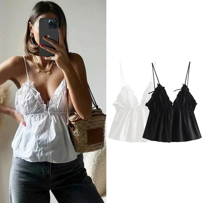 Bow Poplin Top Women's Tube Top Summer Crop White V-Neck Sleeveless Backless Thin Tops With Straps