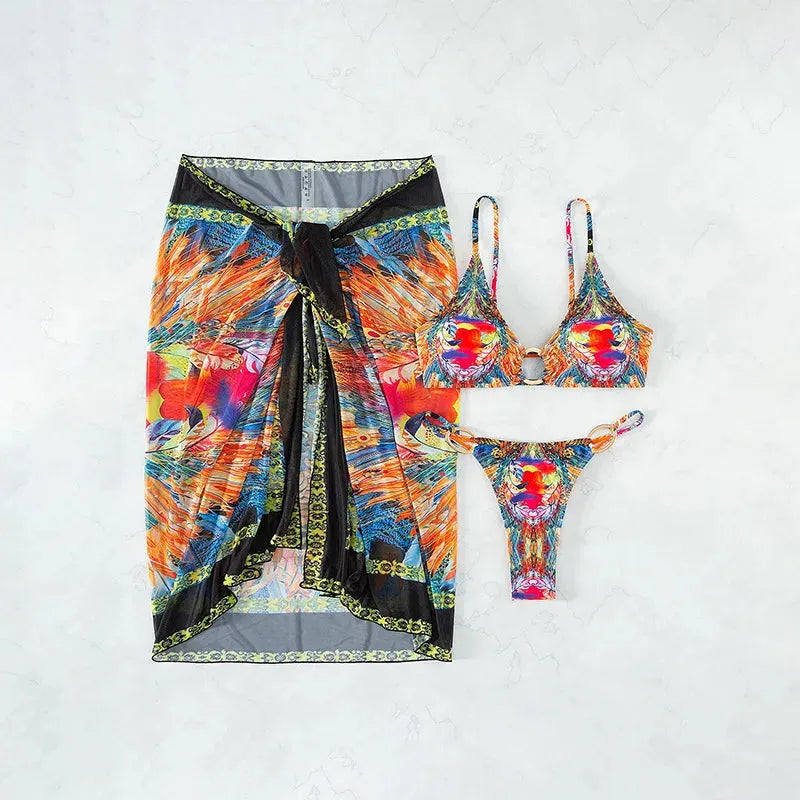 Women's Floral Print Swimsuit Three Piece Set High Waist Beach Skirt Bikini Set Suspender Backless Vacation Bathing Suit - Shop & Buy