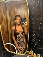 Load image into Gallery viewer, Vintage Leopard Print Lace Patchwork Maxi Dress Women Sexy Deep V Neck Backless Bodycon Vestidos Elegant Lady Street Party Robes
