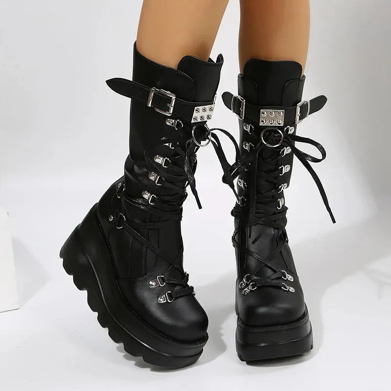 Women's Goth Platform Motorcycle Boots Punk Rivet Buckle Strap Combat Booties for Women Thick Bottom Wedge Heels Mid Calf Boots - Shop & Buy