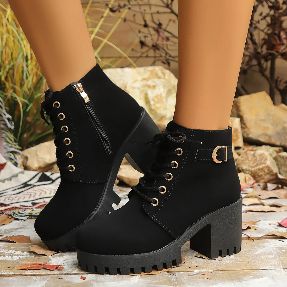 Women's Chunky Heeled Ankle Boots Fashion Metal Buckle Zip Lace Up Platform Booties - Shop & Buy