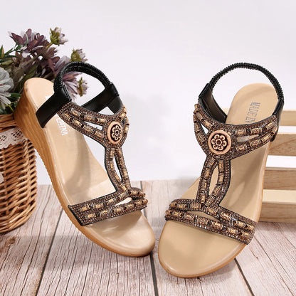 Women's Boho Wedge Sandals Rhinestone String Bead Elastic Strap Summer Shoes Woman Roman Comfort Non Slip Beach Sandals