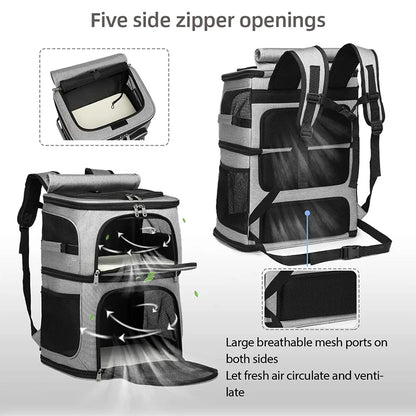 Double-Compartment Pet Carrier Backpack for Small Dogs and 2 Cats Super Ventilated Design Outdoor Cat Backpack Carrier Dog Bags