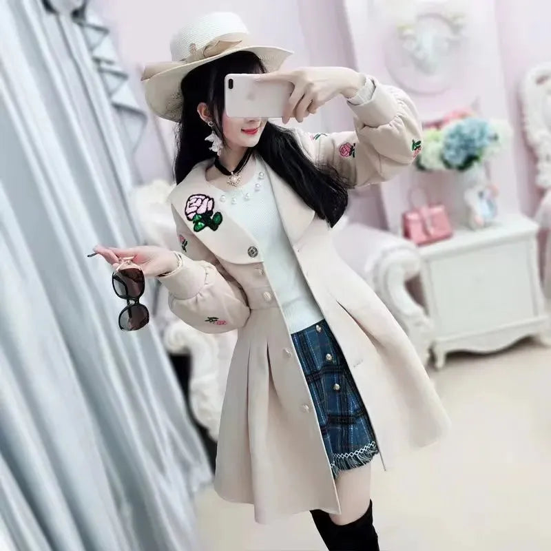 Women's Woolen Coat Autumn Winter New Lantern Sleeves Long Sleeved Mid Length Jacket - Shop & Buy