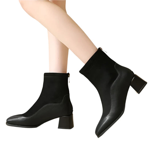 Women's Chunky Heeled Ankle Boots Vintage Square Toe Patchwok Short Boots Women Solid Color Back Zipper Booties - Shop & Buy