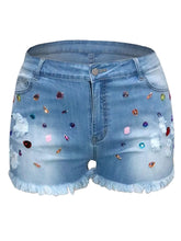 Load image into Gallery viewer, Plus Size shorts Bead Decor Raw Edge Denim Shorts Women Fashion Denim Shorts
