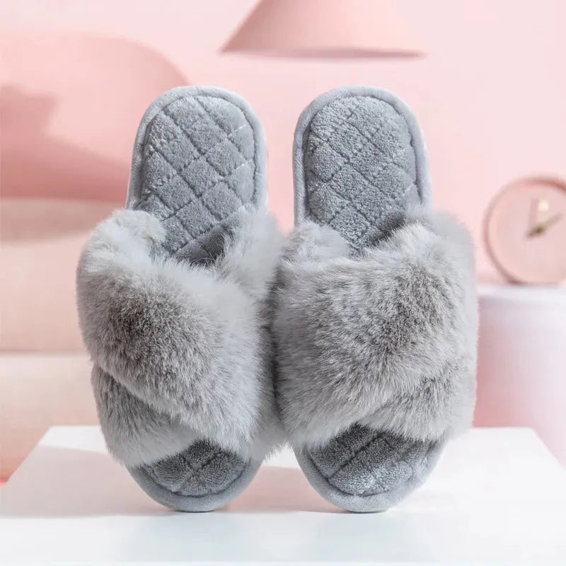 Women's Cross Band White Fur Slippers Winter Warm Plush Soft House Slippers for Women - Shop & Buy