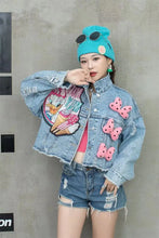 Load image into Gallery viewer, New Women Coat Cartoon Sticker Embroidered Sequin Short Denim Jacket Loose Bowknot Top
