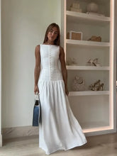 Load image into Gallery viewer, Elegant White Pleated Hem Patch Long Dress Women Fashion O-neck Single Breasted Slim Dresses
