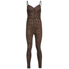 Load image into Gallery viewer, V neck Leopard Print Skinny Camisole Jumpsuit Women Mesh Flocking Low Chest Sleeveless Sexy Bodycon Clubwear
