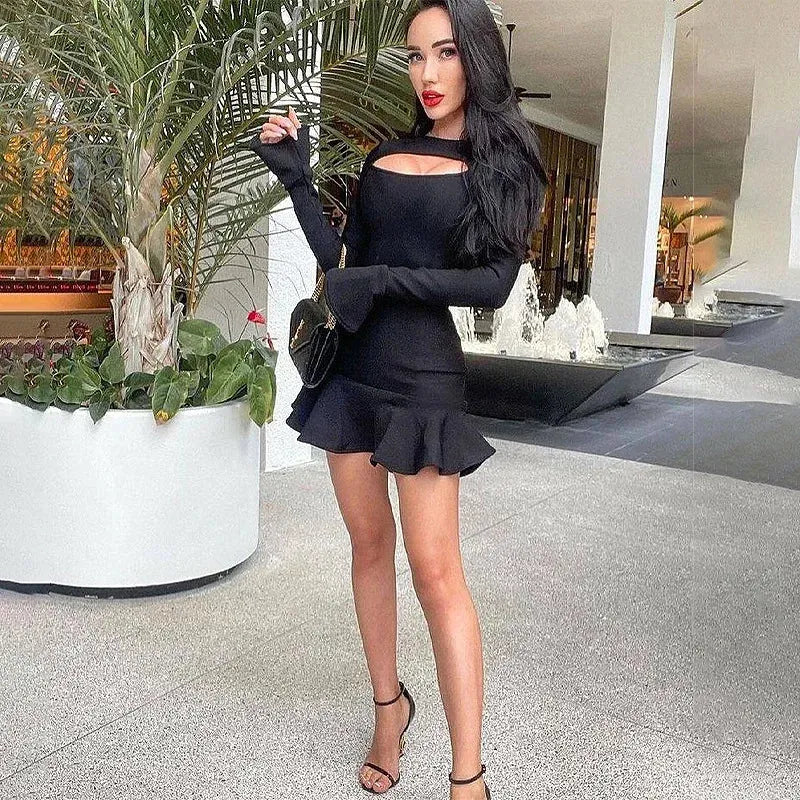 Women's Ruffles Bandage Dress Long Flare Sleeve Hollow Out Bodycon White Black Mini Sexy Elegant Party Dresses - Shop & Buy