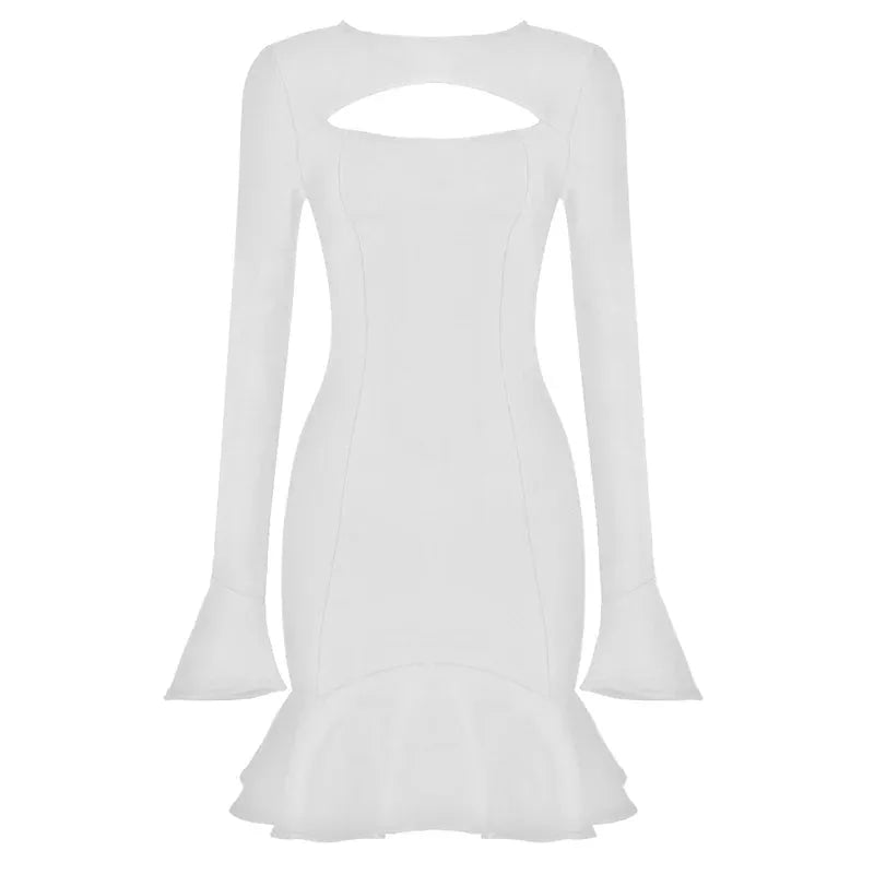 Women's Ruffles Bandage Dress Long Flare Sleeve Hollow Out Bodycon White Black Mini Sexy Elegant Party Dresses - Shop & Buy