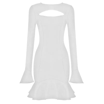 Women's Ruffles Bandage Dress Long Flare Sleeve Hollow Out Bodycon White Black Mini Sexy Elegant Party Dresses - Shop & Buy