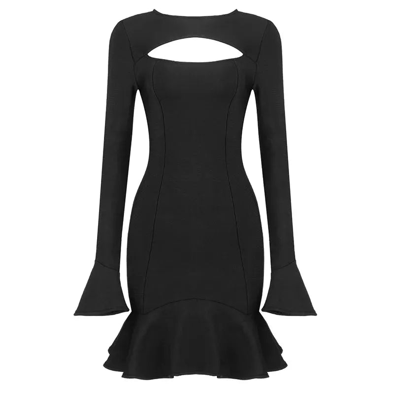 Women's Ruffles Bandage Dress Long Flare Sleeve Hollow Out Bodycon White Black Mini Sexy Elegant Party Dresses - Shop & Buy