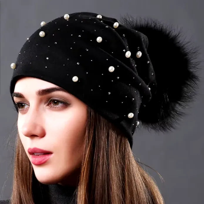 Women's Fashion Hat Autumn Winter Rhinestones Pearl Hats Female Beanies Natural Raccoon Fur Pompom Cotton Warm Caps - Shop & Buy