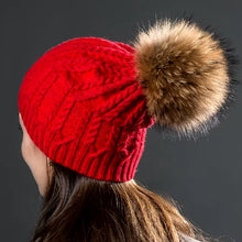 Load image into Gallery viewer, Autumn Winter Women&#39;s Rabbit Fur Knitted Twist Hats Fashion Warm Caps With Natural Fur Pompom Female Hat Skullies Beanies
