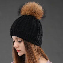 Load image into Gallery viewer, Women Double Deck Knitted Wool Hat Winter Natural Raccoon Fur Warm Caps Female Pom Pom Hats Ladies Fashion
