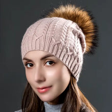 Load image into Gallery viewer, Autumn Winter Women&#39;s Rabbit Fur Knitted Twist Hats Fashion Warm Caps With Natural Fur Pompom Female Hat Skullies Beanies
