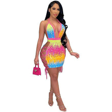 Load image into Gallery viewer, Adogirl Sexy Multicolor Sequins Lace Up Mini Dress S-4XL Halter V Neck Sleeveless Backless Bodycon Dress - Shop &amp; Buy