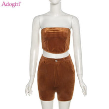 Load image into Gallery viewer, Adogirl Solid Corduroy Two Piece Set Women Skinny Tracksuit Strapless Corset Tops Slim Sporty Workout Shorts - Shop &amp; Buy