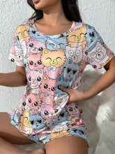 Load image into Gallery viewer, Adorable Allover Cat Print Pajama Set - Lightweight Short Sleeve Top with Round Neck &amp; Elastic Shorts - Shop &amp; Buy
