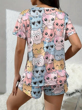 Load image into Gallery viewer, Adorable Allover Cat Print Pajama Set - Lightweight Short Sleeve Top with Round Neck &amp; Elastic Shorts - Shop &amp; Buy
