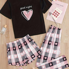 Load image into Gallery viewer, Adorable Heart Print Womens Pajama Set - Short Sleeve Crew Neck Top, Shorts, &amp; Plaid Pants - Soft, Lightweight Loungewear - Shop &amp; Buy
