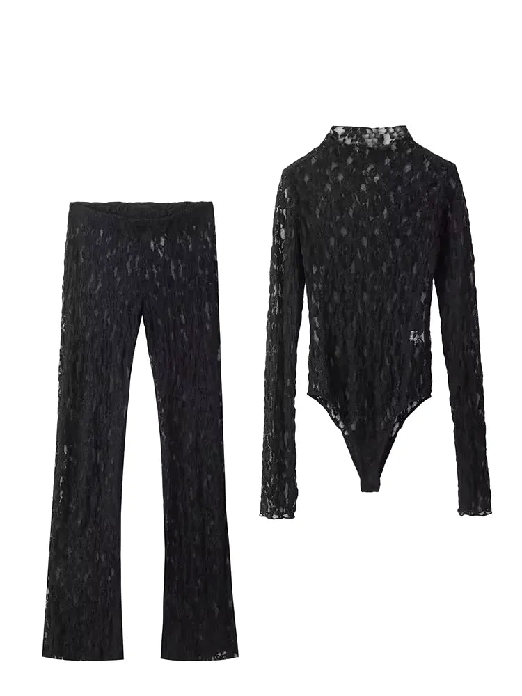 Womens Lace Pants Sets Slim Jumpsuits Top + High Waist Trousers Sexy Lady Floral Lace Translucent Y2k Bodysuit Suits - Shop & Buy