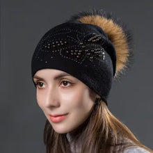 Load image into Gallery viewer, Fashion Pearl Butterfly Women Hats Knitted Wool Beanies Autumn Winter Warm Caps With Natural Fur Pom Pom Ladies Hat
