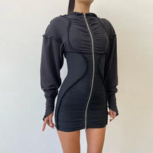 Load image into Gallery viewer, Autumn Color Block Patchwork Ruched Mini Dress for Women Sexy Zipper Long Sleeve Hoodie Bodycon Night Club Party Dresses Y2K - Shop &amp; Buy
