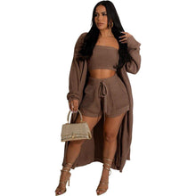 Load image into Gallery viewer, Autumn Winter Sweater 3 Piece Set Women Sexy Long Cardigan Coat Tube Crop Top Drawstring Shorts Slim Matching Sets Outfits - Shop &amp; Buy
