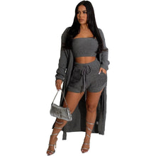 Load image into Gallery viewer, Autumn Winter Sweater 3 Piece Set Women Sexy Long Cardigan Coat Tube Crop Top Drawstring Shorts Slim Matching Sets Outfits - Shop &amp; Buy
