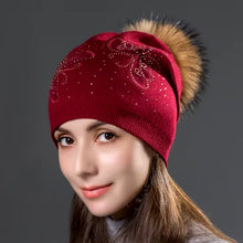 Load image into Gallery viewer, Fashion Rhinestone Butterfly Knitted Wool Caps Autumn Winter Warm Women&#39;s Hats For Natural Raccoon Fur Pompon Beanies Hat
