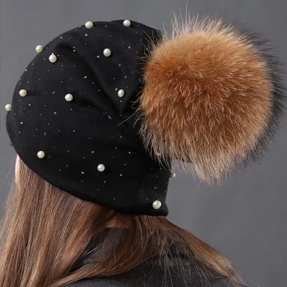 Women's Fashion Hat Autumn Winter Rhinestones Pearl Hats Female Beanies Natural Raccoon Fur Pompom Cotton Warm Caps - Shop & Buy