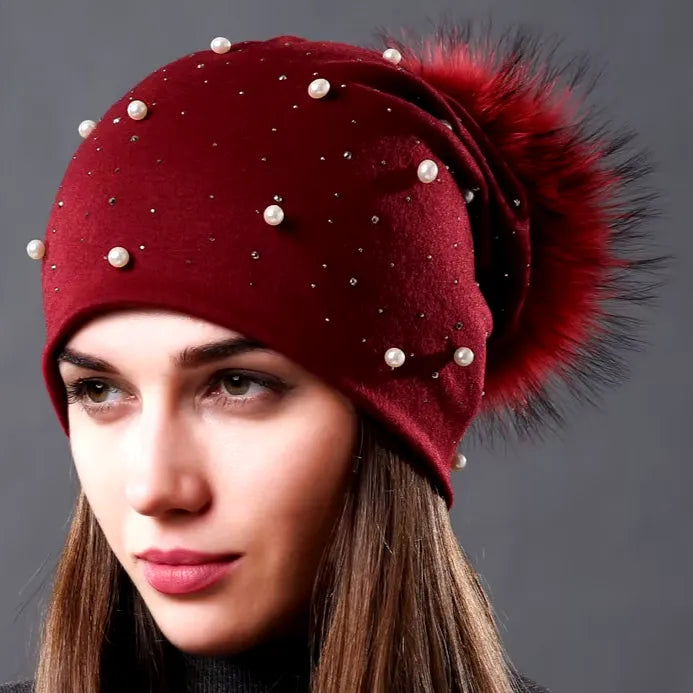 Women's Fashion Hat Autumn Winter Rhinestones Pearl Hats Female Beanies Natural Raccoon Fur Pompom Cotton Warm Caps - Shop & Buy