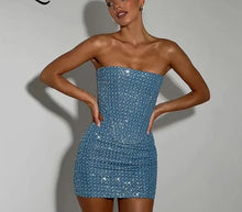 Load image into Gallery viewer, Women Sequined Denim Two Piece Sets Sexy Strapless Corset Tank Tops and Mini Skirt Sets
